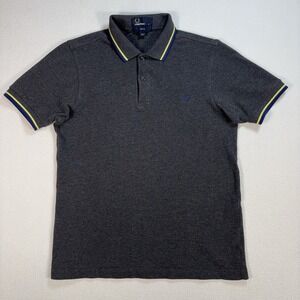 Fred Perry Slim Fit Polo Men's S Gray Blue Yellow Stripe Trim Embroidered Logo